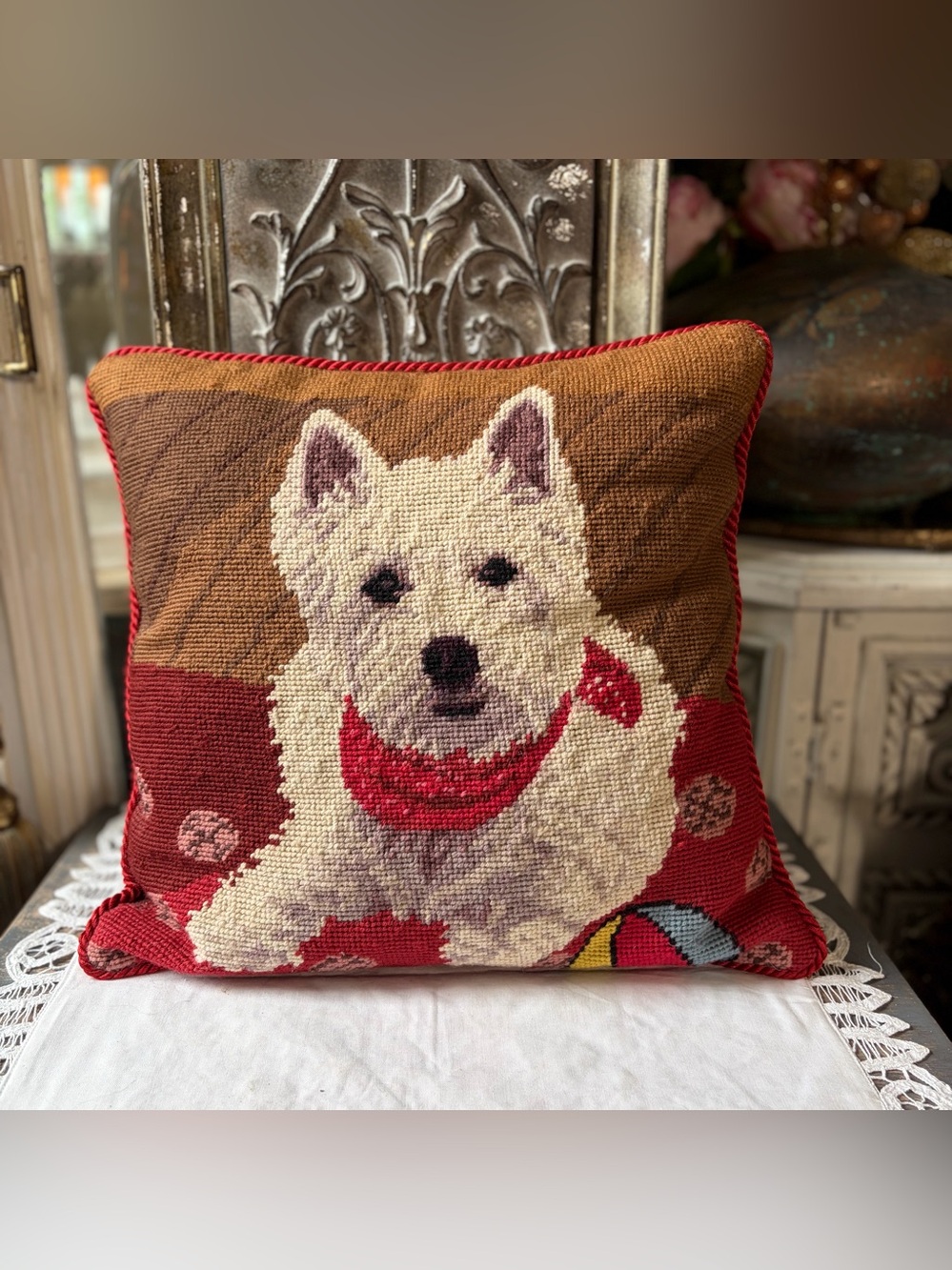 Westie Terrior dog wool decorative red white pillow
